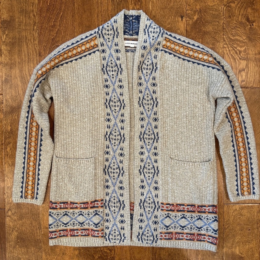 Lucky Brand Cardigan Sweater Sz Large Beige Southwestern Aztec Knit Open Front - Picture 2 of 10